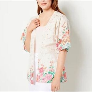 Tolani Sheba Floral White Eyelet Lace Open Front  Kimono Cover Up White Medium